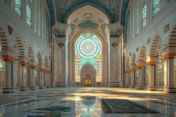 Obraz premium Glistening Interior of a Grand Mosque with Stained Glass Windows and Intricate Designs