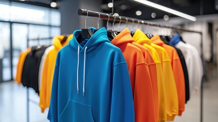 Obraz premium Colorful Hoodies Hanging in Clothing Store Fashion Apparel Retail Display
