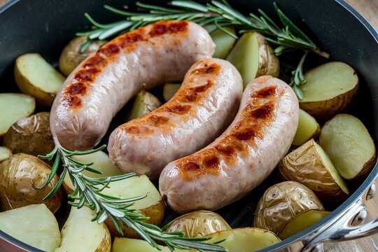 roasted sausages and potatoes in a pan