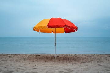 Beach Umbrella on Sandy Shore with Calm Sea
