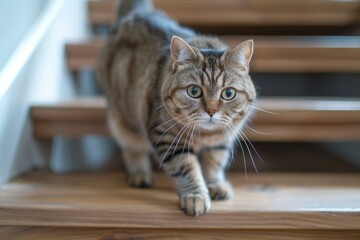 A cute tabby cat is walking down a wooden staircase
