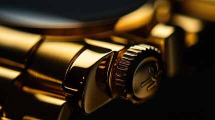 Close-up of a gold watch clasp, catching light on a dark background, evoking timeless, minimal luxury.