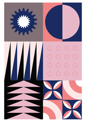 Abstract postmodern poster  with dynamic geometric symbols with bold shapes.  Perfect for interior design, hi-tech wallpapers,  printing . Contrast bright tones. Trendy minimal modern art.