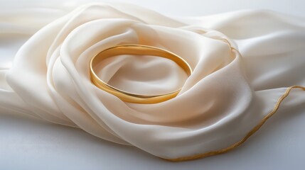 Elegant silk scarf with a single gold bangle, softly folded on a muted background, capturing quiet opulence.