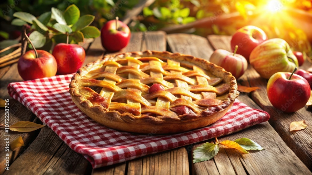 Poster a golden crust apple pie rests on a red checkered tablecloth surrounded by ripe apples and autumn le