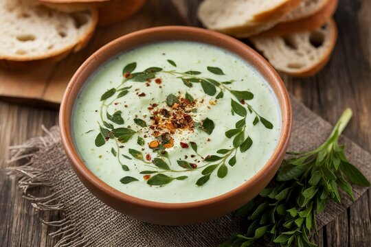 A photo of a bowl of Azerbaijani Dovga Yoghurt soup with herbs