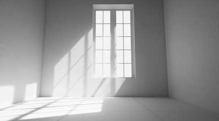 Fototapeta premium 3D rendering of an empty white room with a window and a sunlight shadow on the wall. 