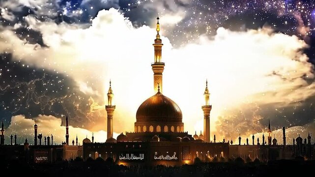Beautiful mosque is illuminated at night with golden lights and arabic script celebrating the prophet muhammad's birthday. This design is perfect for mawlid al nabi celebrations.