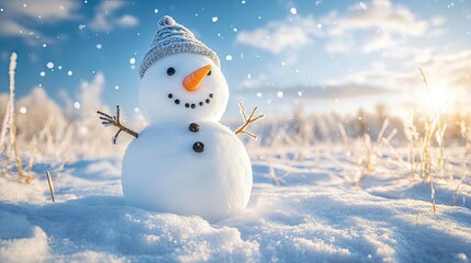 Obraz premium A cheerful snowman stands in a snowy field with a bright, blue sky and a dusting of fresh snow.