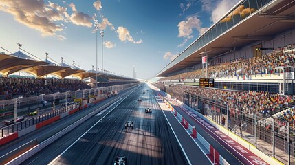 Formula One cars racing on a track with spectators in the stands