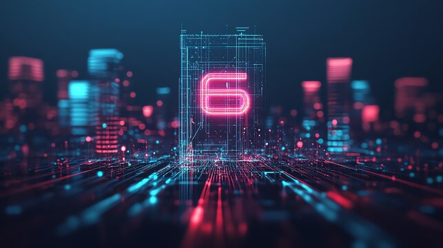 Futuristic digital city with glowing number six - Powered by Adobe