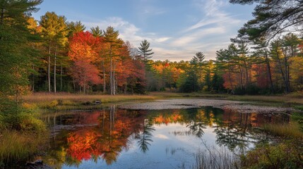 Fototapeta premium Vibrant autumn foliage reflected in a tranquil pond surrounded by a lush forest landscape