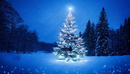 Illuminated christmas tree into the forest in on a snowy night in cold blue tones at twilight, Generative AI illustration