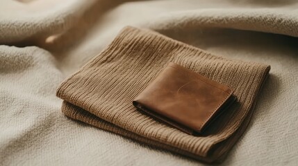 Minimalist outfit in earthy colors folded neatly with a small leather wallet placed beside it on a soft background.