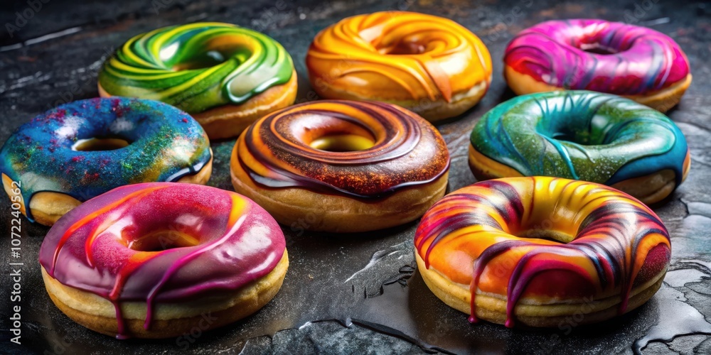 Fototapete a vibrant assortment of glazed donuts, each featuring a unique swirl of colors, creating a mesmerizi