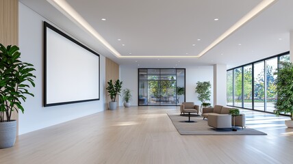 Modern Office Lobby Interior Design Blank Screen Plants Luxury Seating