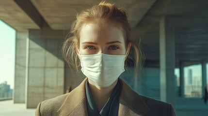 A businesswoman in a white mask hiding her face