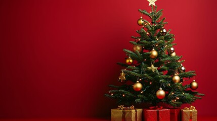 Obraz premium Christmas tree featuring gold baubles and sprigs of red berries against a lively red background, creating a charming and festive holiday scene.