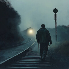 In the early morning fog, a railway worker in a tattered jacket inspects the train tracks, tools in hand, as the soft glow of an approaching train light cuts through the mist