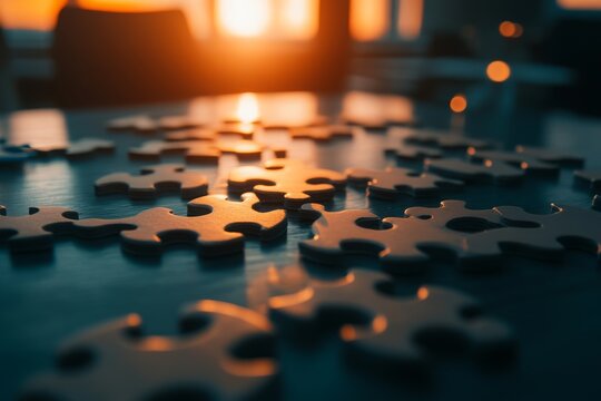 Problem Solving Session with Puzzle Pieces at Sunset