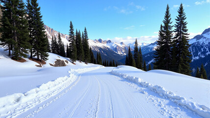 Obraz premium Snowy Mountain Road Through Winter Pine Forest
