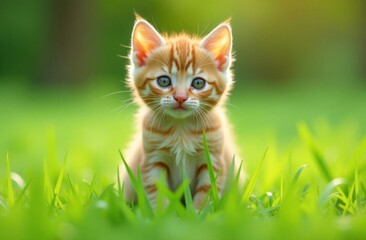 A cute orange kitten is playing in the grass, its bright green eyes full of curiosity. A kitten is enjoying the warm sunshine as it lies in a patch of green grass, its whiskers twitching slightly