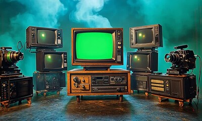 A retro setup of vintage televisions with a green screen.