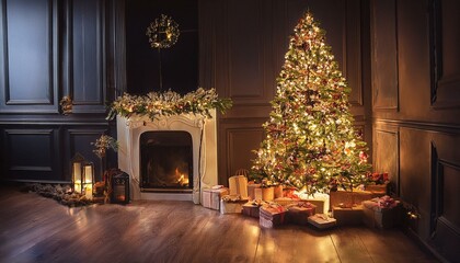 Fototapeta premium interior christmas. magic glowing tree, fireplace gifts in dark