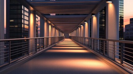 Fototapeta premium Empty pedestrian bridge at dawn, with soft lighting and clean lines for a minimalist city vibe.