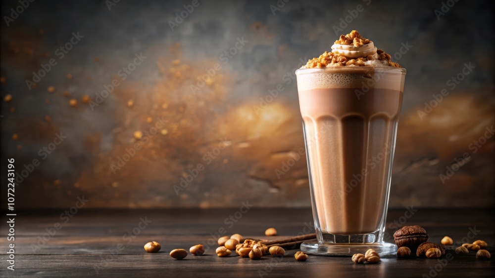 Aufkleber a refreshing chocolate milkshake with a topping of whipped cream and crunchy bits, placed on a woode