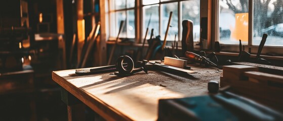 Vintage woodworking tools on a rustic workbench in a cozy workshop