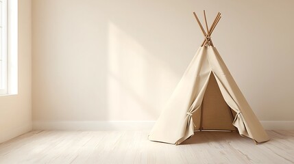 Cozy and Minimalist Indoor Canvas Tent on a Wooden Floor Bathed in Natural Light, Perfect for Children’s Playroom or Creative Spaces