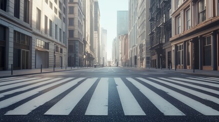 Obraz premium One simple pedestrian crossing with no people, surrounded by muted city buildings for urban simplicity.