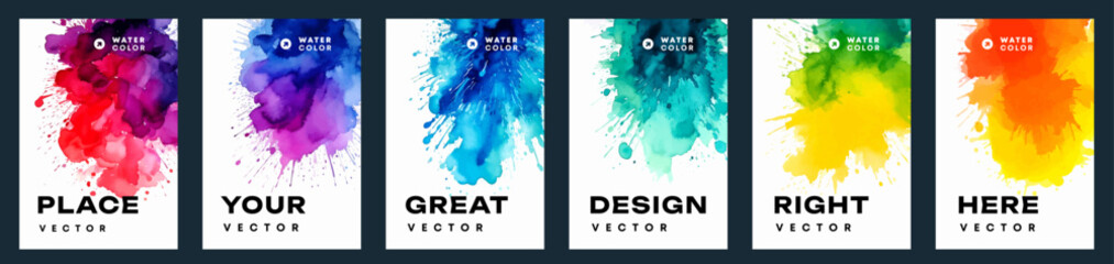 Set of A4 bright vector colorful watercolor background templates for poster, brochure or flyer