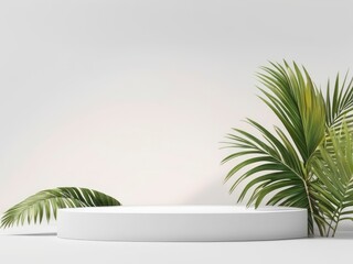Obraz premium Realistic white 3D round podium background with wood top, Green palm leaf scene. Minimalist 3D mockup abstract cosmetic product display presentation, Stage showcase. Platforms vector geometric design.