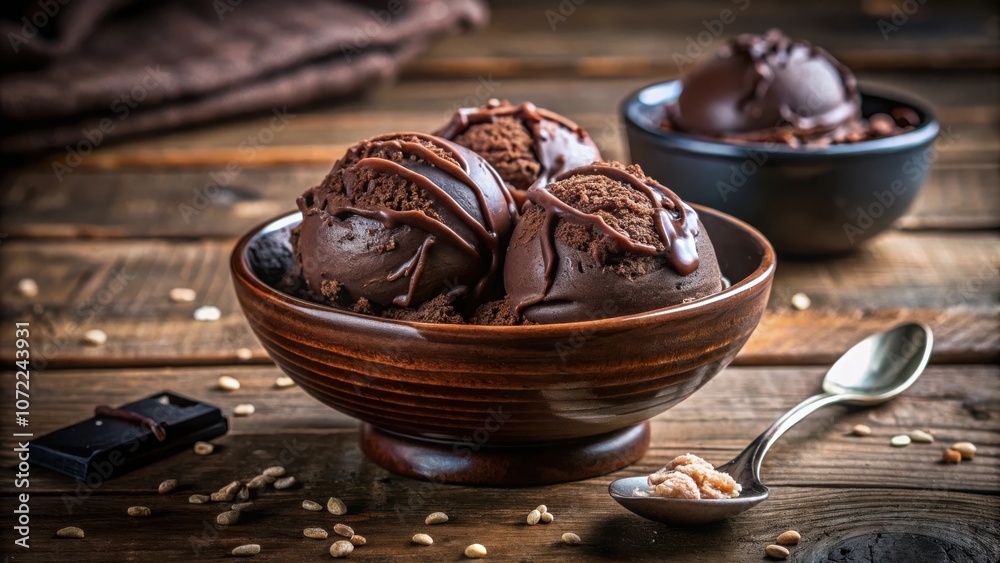Poster a bowl of rich, dark chocolate ice cream with a drizzle of chocolate sauce on a rustic wooden surfac