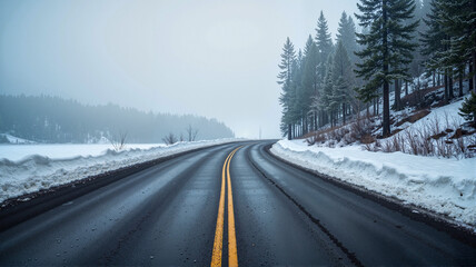 Empty Snowy Road Through Forest in Winter Fog

