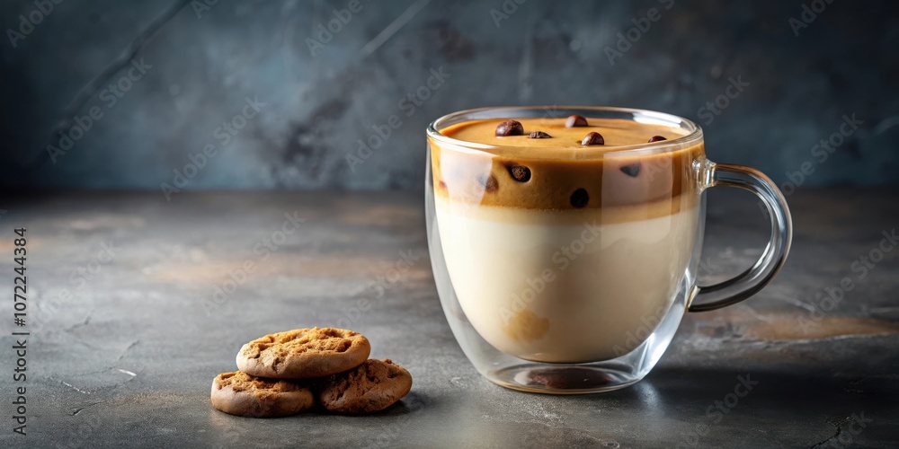 Poster a glass mug filled with creamy iced coffee, adorned with coffee beans and topped with a fluffy layer