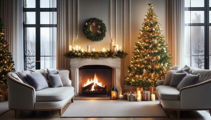 Fototapeta premium Living room interior with decorated fireplace and christmas tree