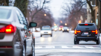 Cars navigate busy urban streets during winter evenings for safe travel
