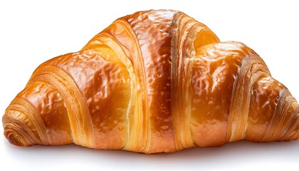 Golden brown croissant pastry close up showing the crisp, flaky layers and shiny texture of the baked surface.