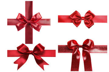 Red christmas bow and ribbon set on white and transparent background . Sparkly, fabric, satin and shiny finish. Xmas birthday holiday present wrapping package gift graphic clipart collection.  