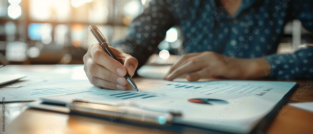 Poster A person is analyzing data, writing on a paper chart, and managing business metrics with a focus on graphs and statistics.