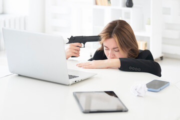 Tired frustrated and overworked business woman sitting in the office and thinking about problems in business	