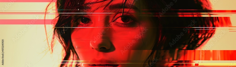 Fototapete A visually striking portrait of a woman with a dynamic red and yellow color scheme, featuring abstract lines that create a sense of movement and emotion.
