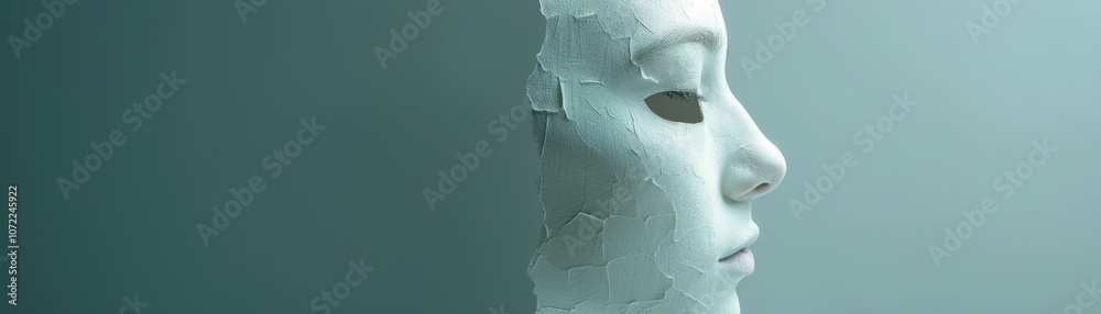 Poster a digital representation of a human face, composed of abstract, pixel-like elements, suggesting them