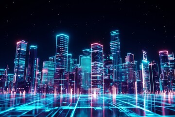 Fototapeta premium Futuristic Neon Cityscape at Night under Starry Sky with Digital Grid