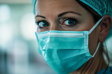 Woman wearing a blue surgical mask