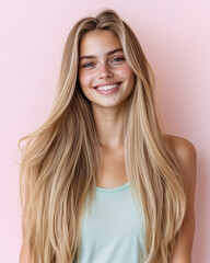 Fototapeta premium Young Woman with Long, Groomed Blonde Hair on Pastel Background
