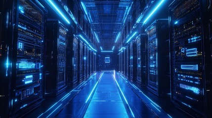 Fototapeta premium Tranquil Server blue room. Cloud ai centre. Generate Ai